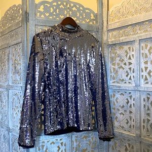 Long sleeve sequined mock turtleneck shirt